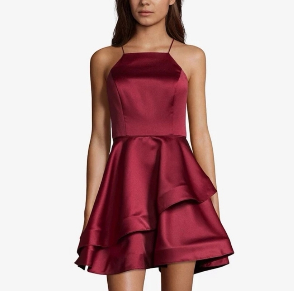 Nwt Betsy Adam Burgundy Burgundy S12 Layered Ruffle Skirt Spaghetti Straps Dress
